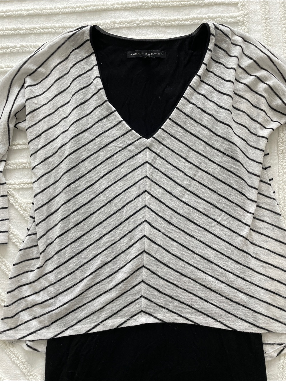 White House Black Market Black and White Striped V-Neck Layered Sweater